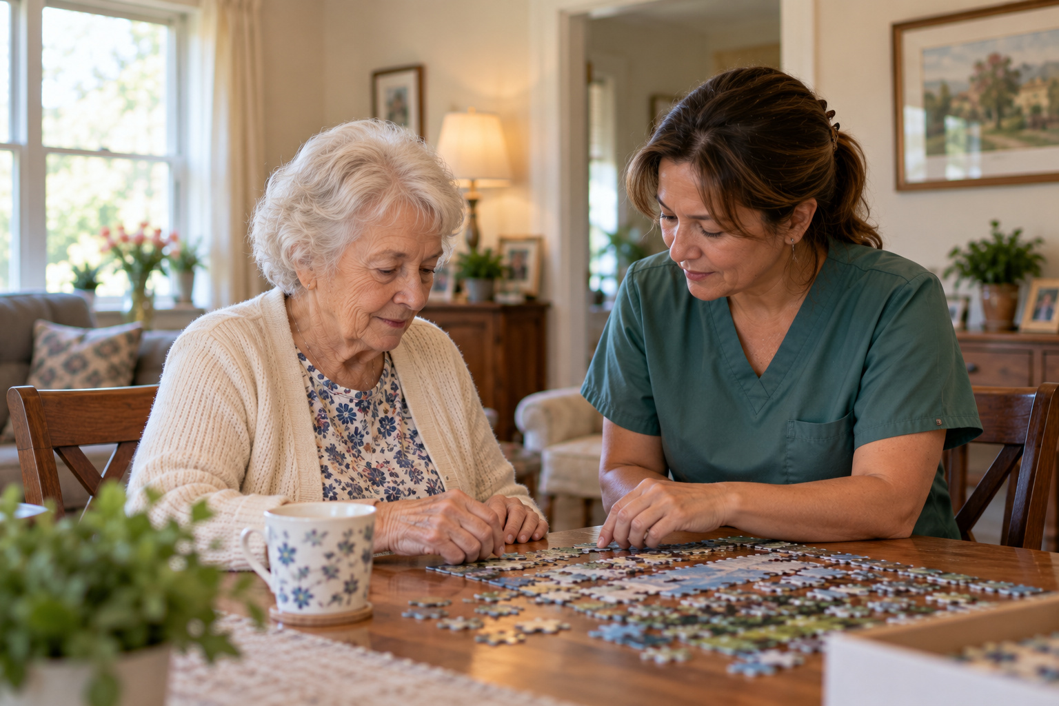 A caregiver and an older resident working on a jigsaw puzzle together.