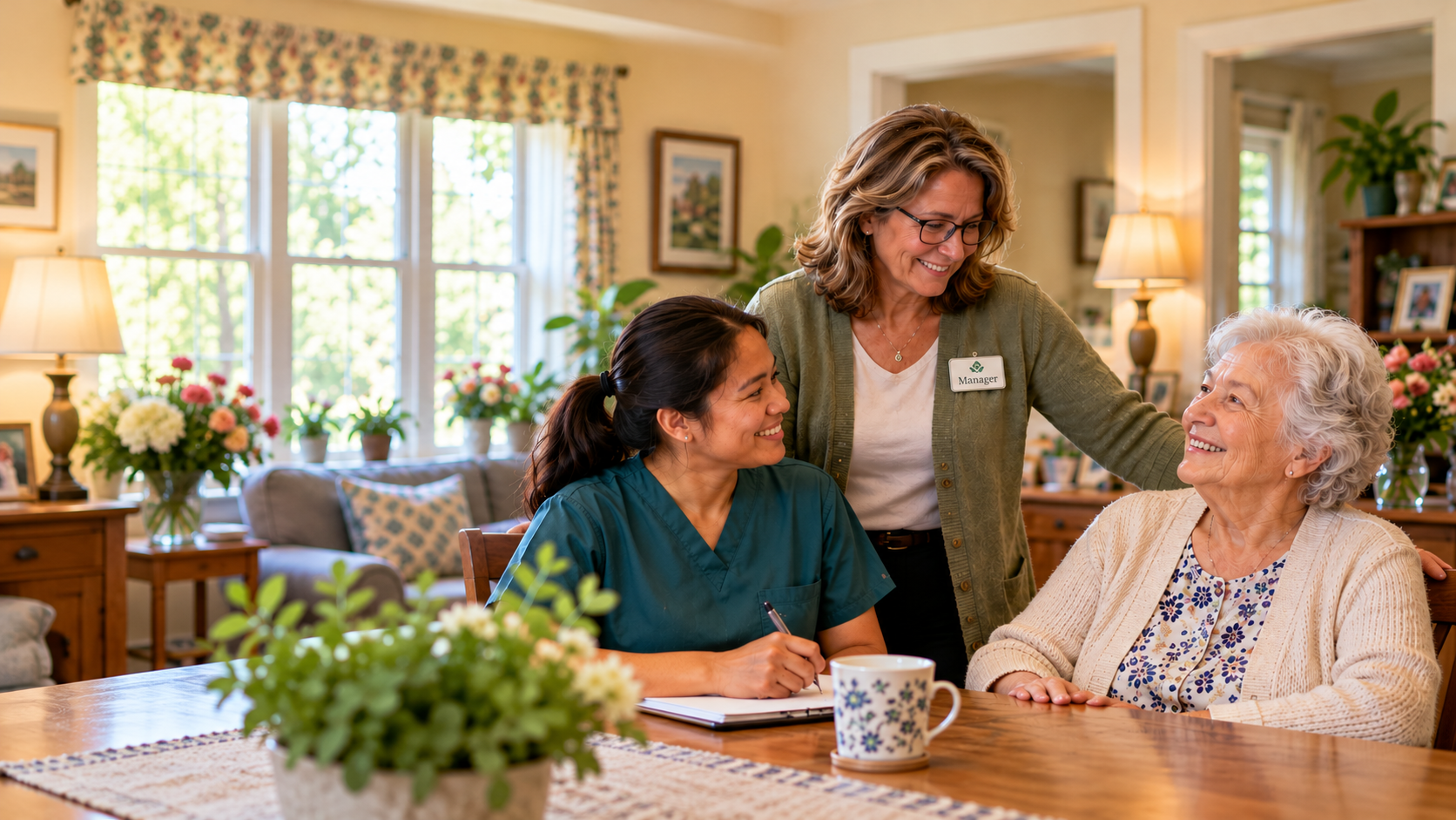 A care-home manager and caregiver sharing a warm moment with an older resident.